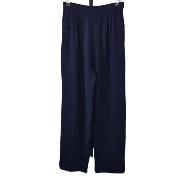 St. John Collection High Rise Pleated Santana Knit Pants, Pockets, Blue, Size 2 - Picture 1 of 10